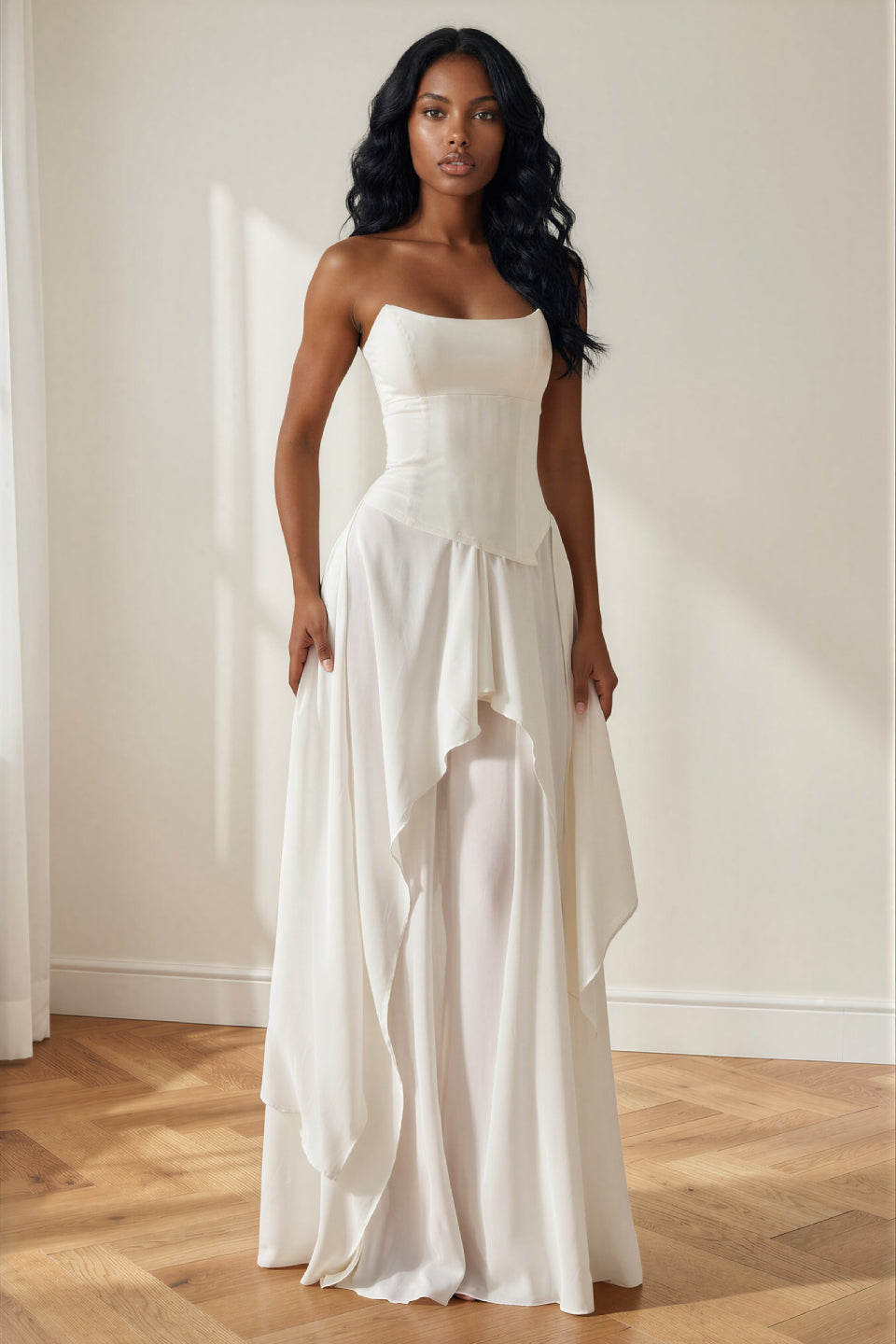 Ivory Boned Chiffon Layered Maxi Dress