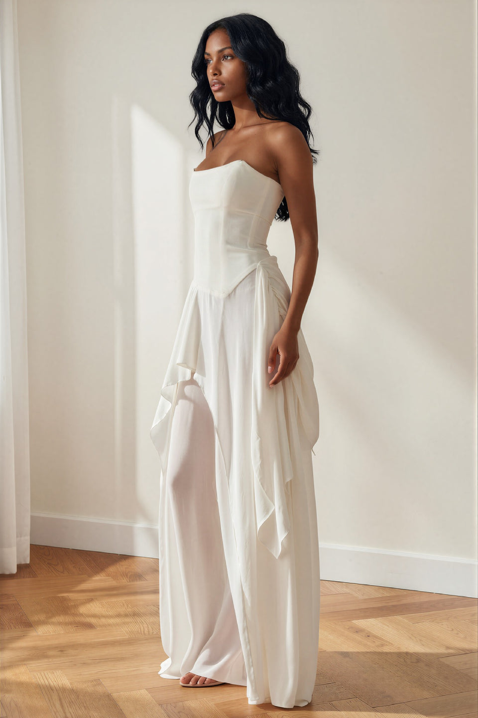 Ivory Boned Chiffon Layered Maxi Dress