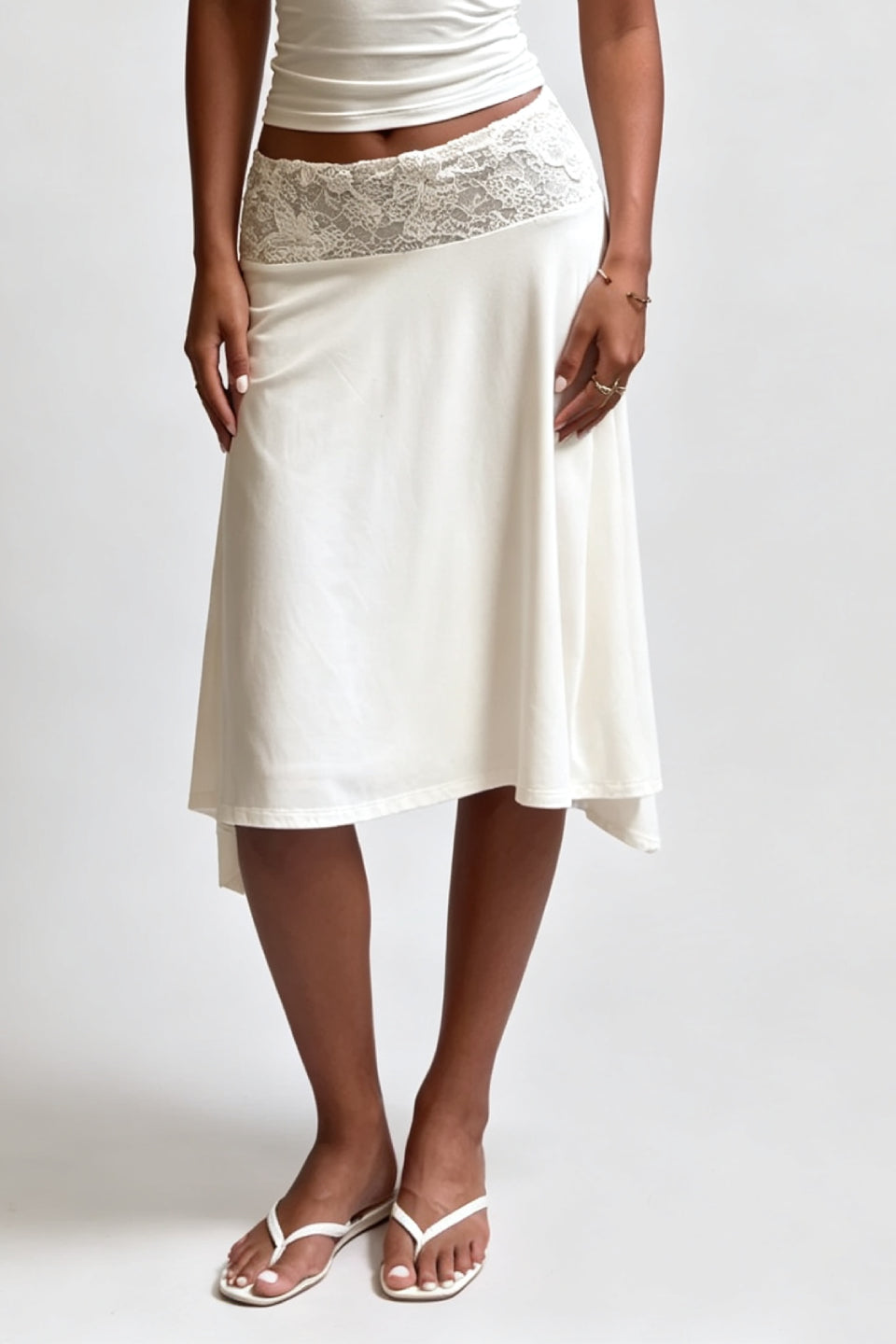 White Lace Waist Asymmetric Skirt