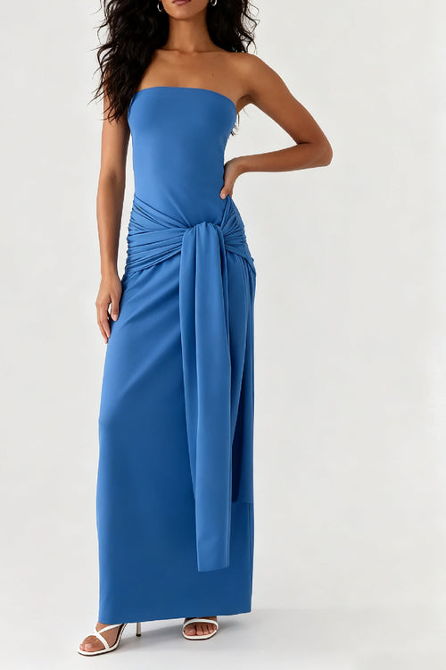 Blue Bandeau Twist Bow Maxi Dress