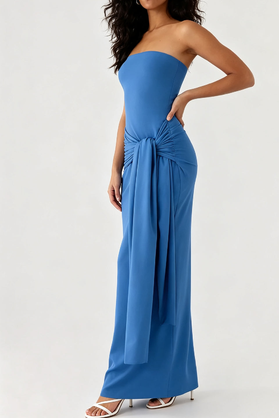 Blue Bandeau Twist Bow Maxi Dress