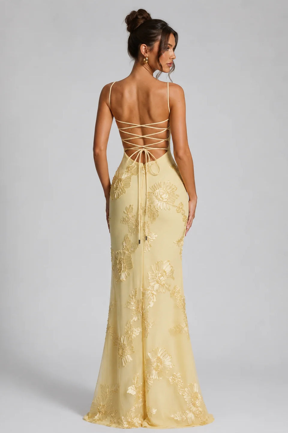 Cream 3D Floral Fishtail Gown