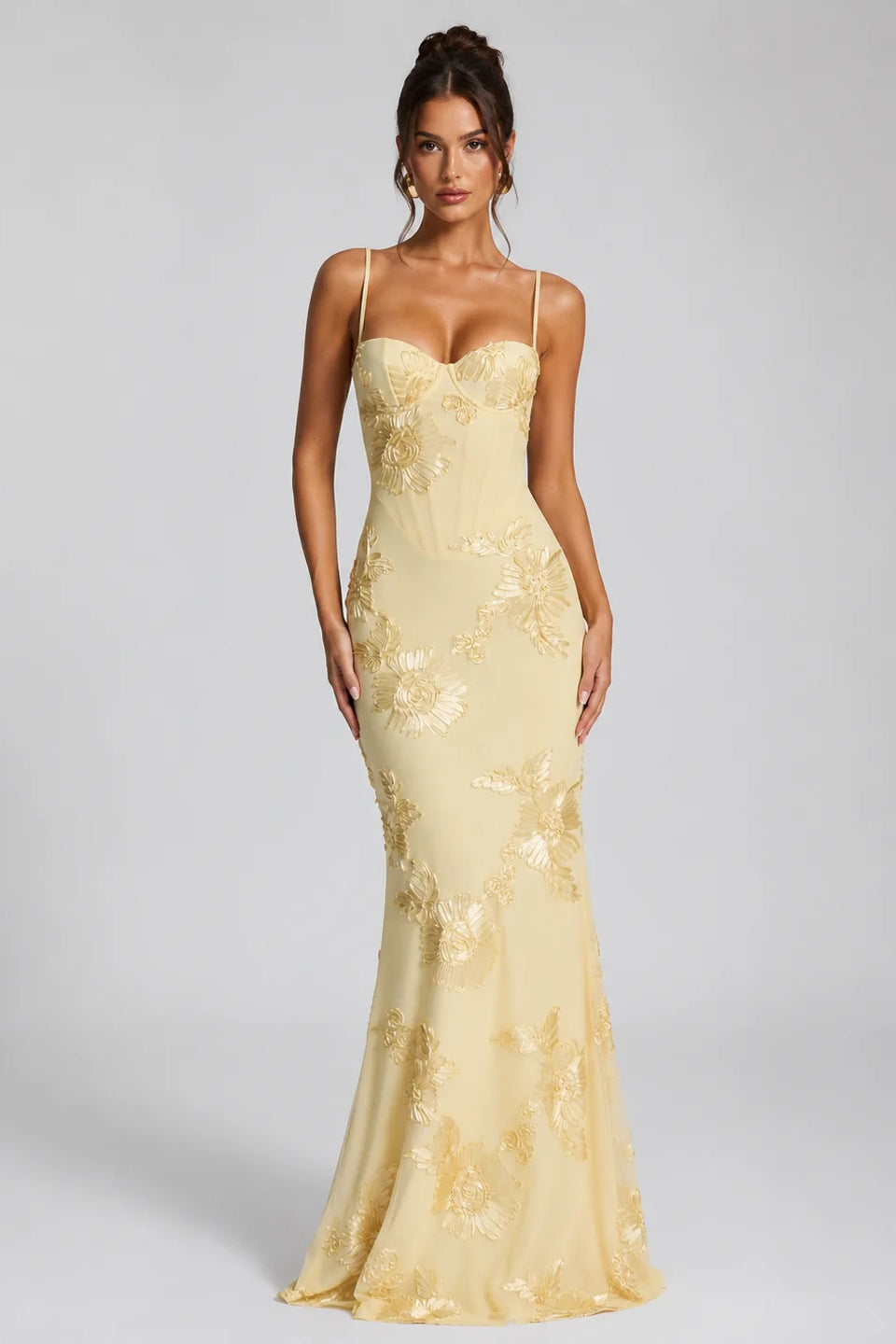 Cream 3D Floral Fishtail Gown