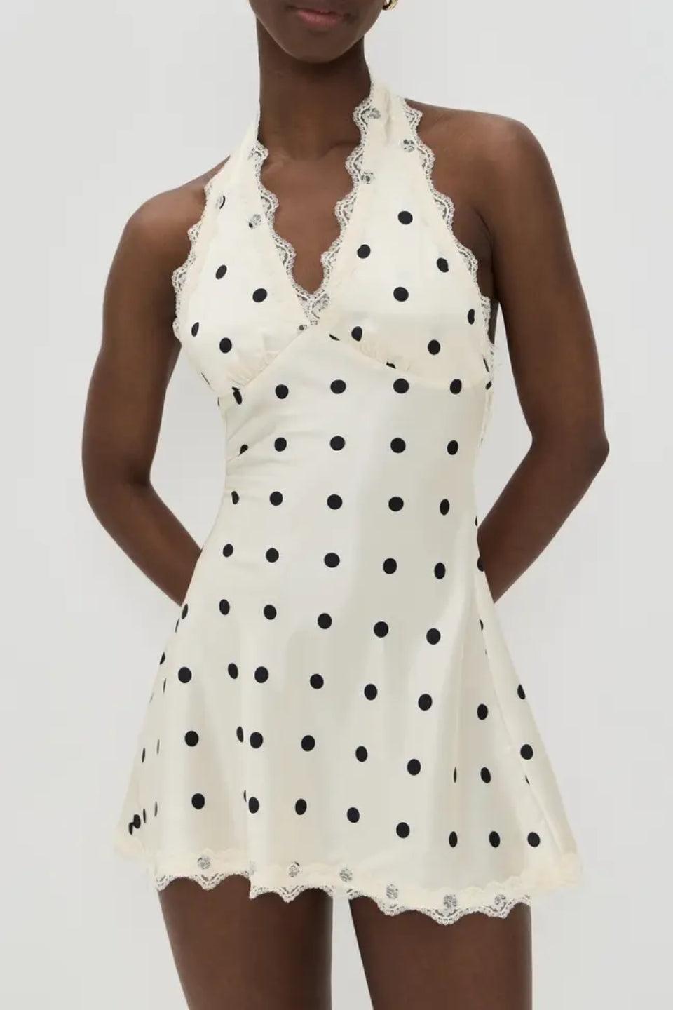 Cream Dot Halter Lace Bow Mini Dress