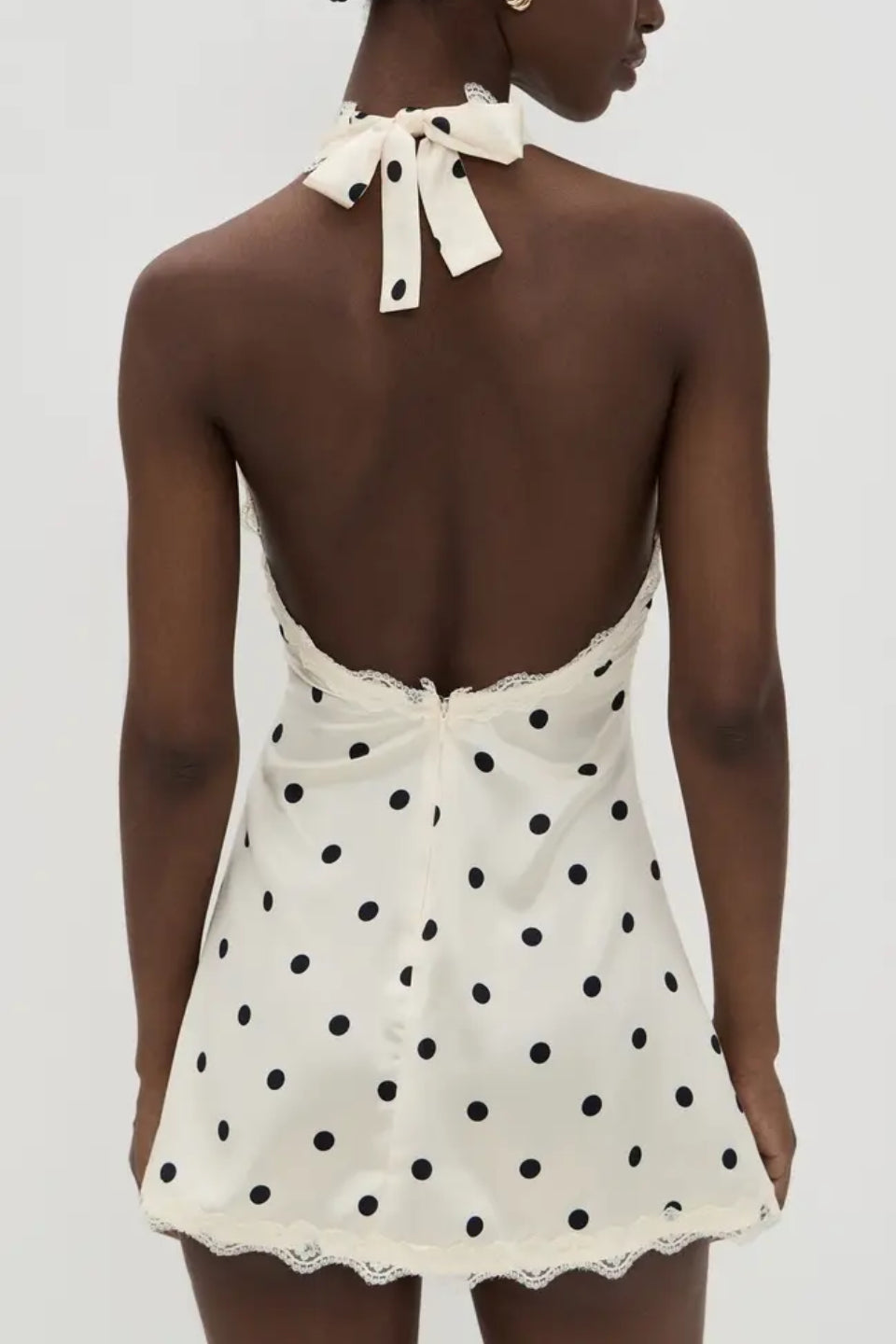 Cream Dot Halter Lace Bow Mini Dress