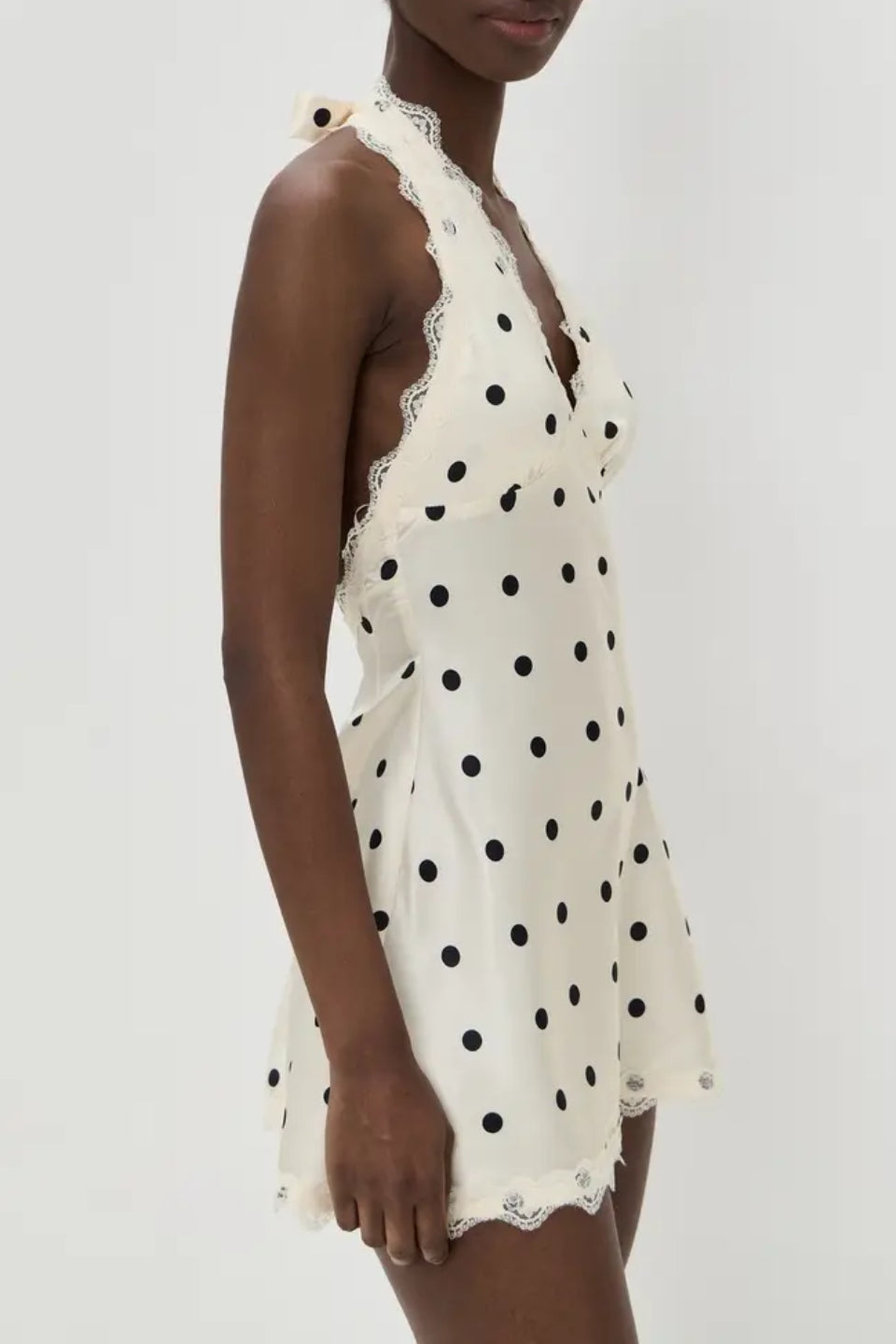 Cream Dot Halter Lace Bow Mini Dress