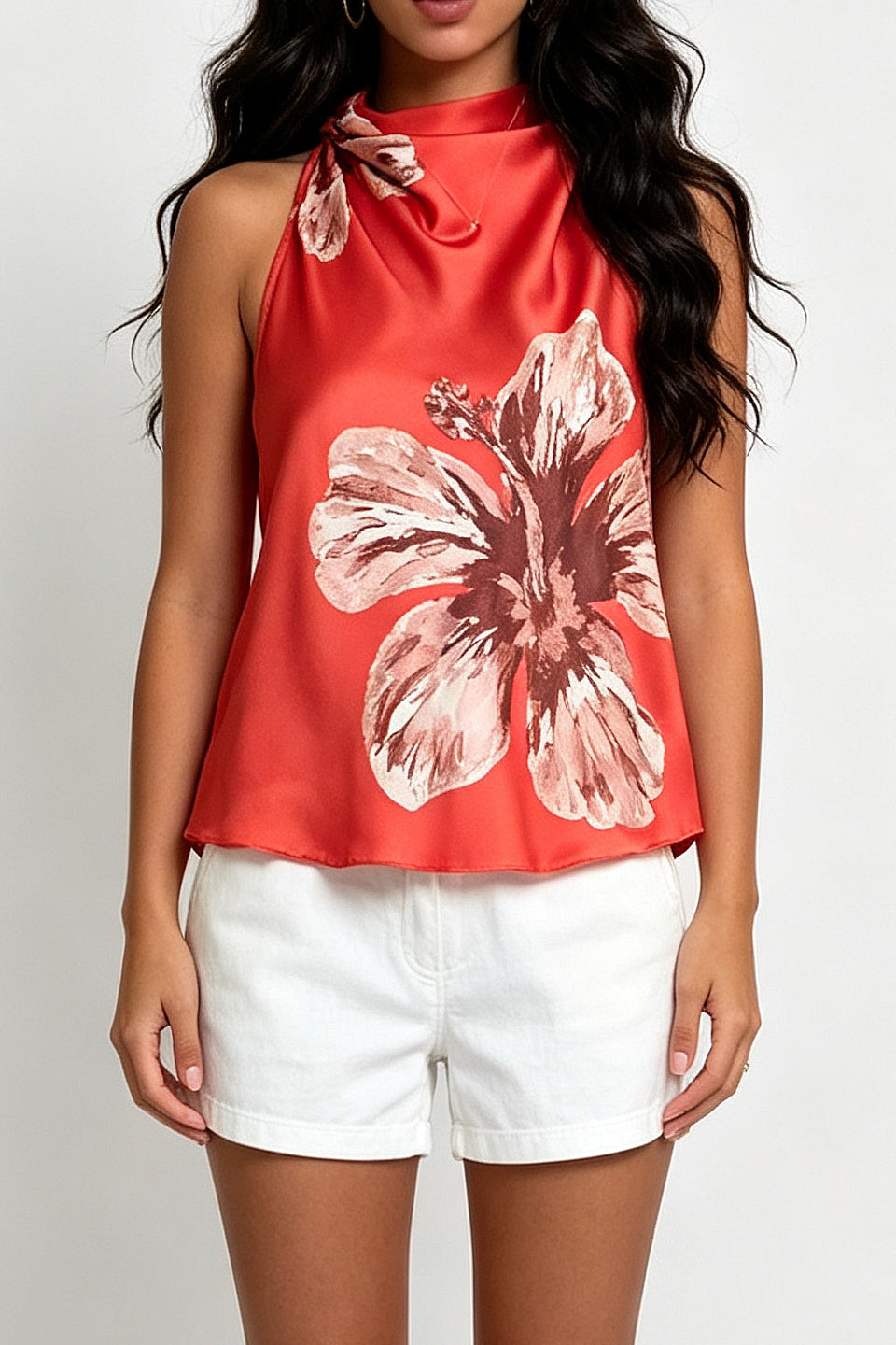 Red Hibiscus Satin Top