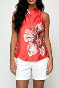 Red Hibiscus Satin Top