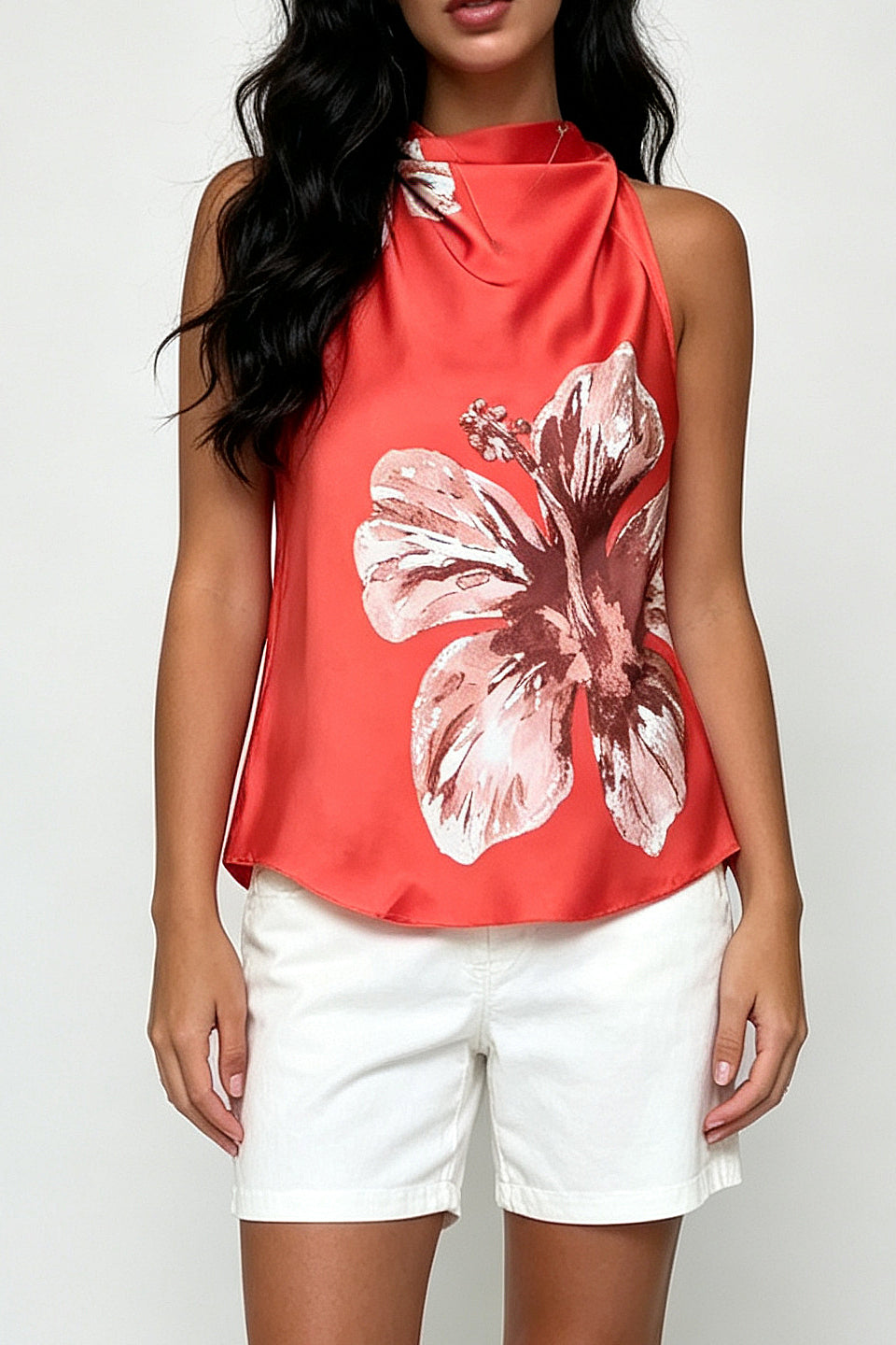 Red Hibiscus Satin Top