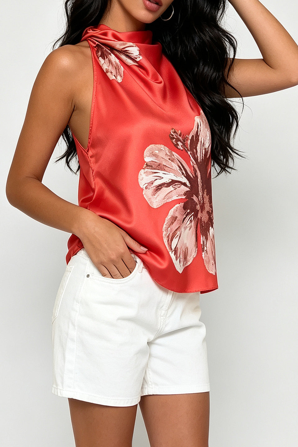 Red Hibiscus Satin Top