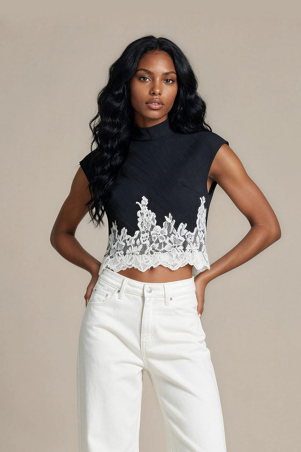 Navy Lace Trim Blouse