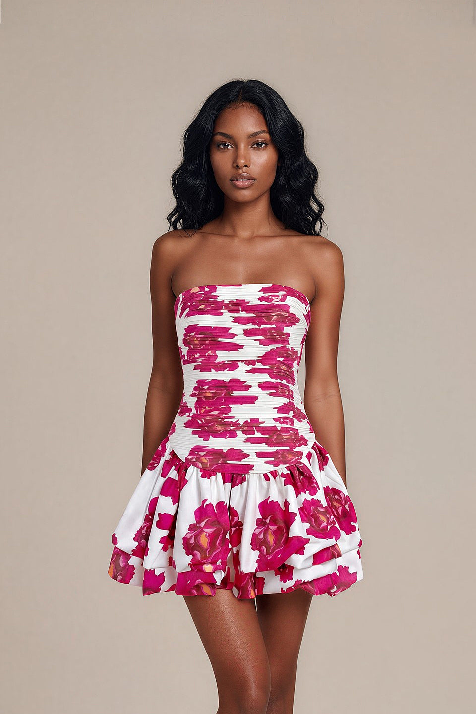 Magenta Rose Ruffle Mini Dress
