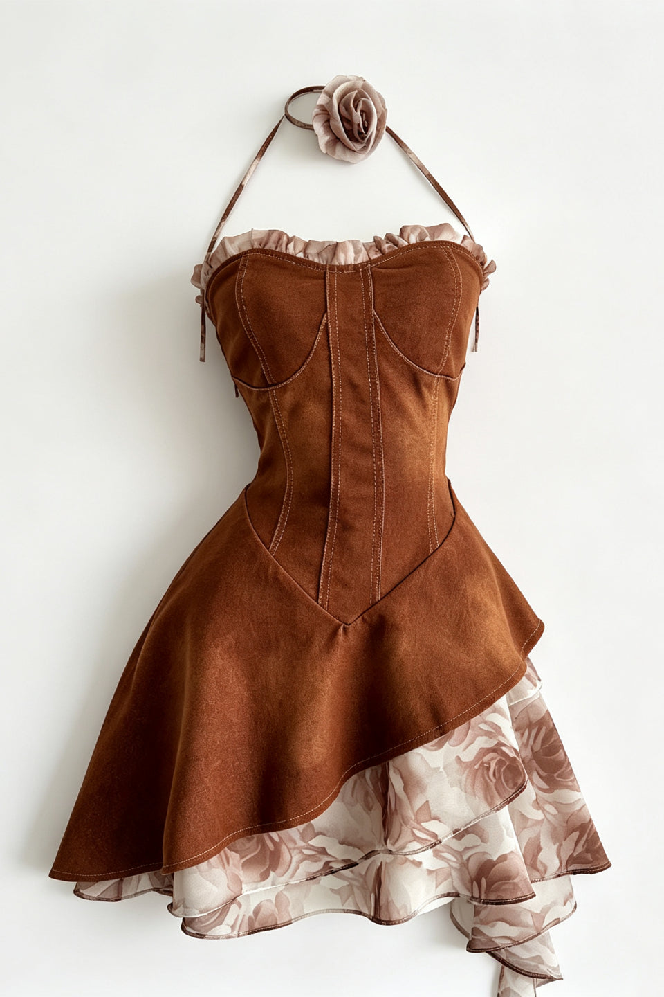 Mocha Floral Denim Mini Dress