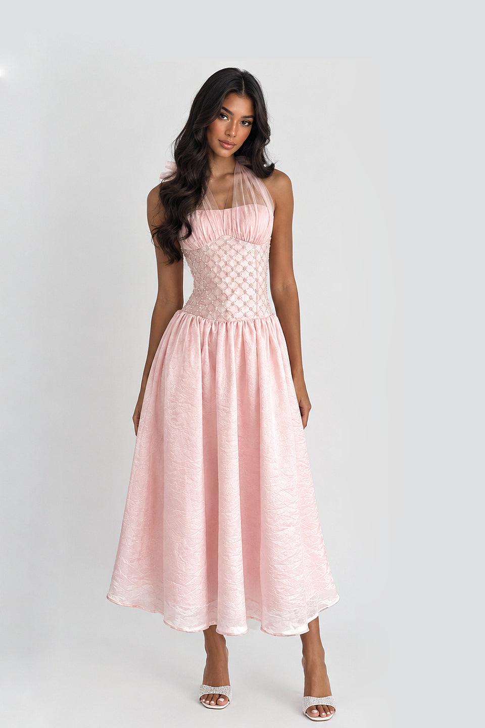 Blush Bow Corset Midi Dress