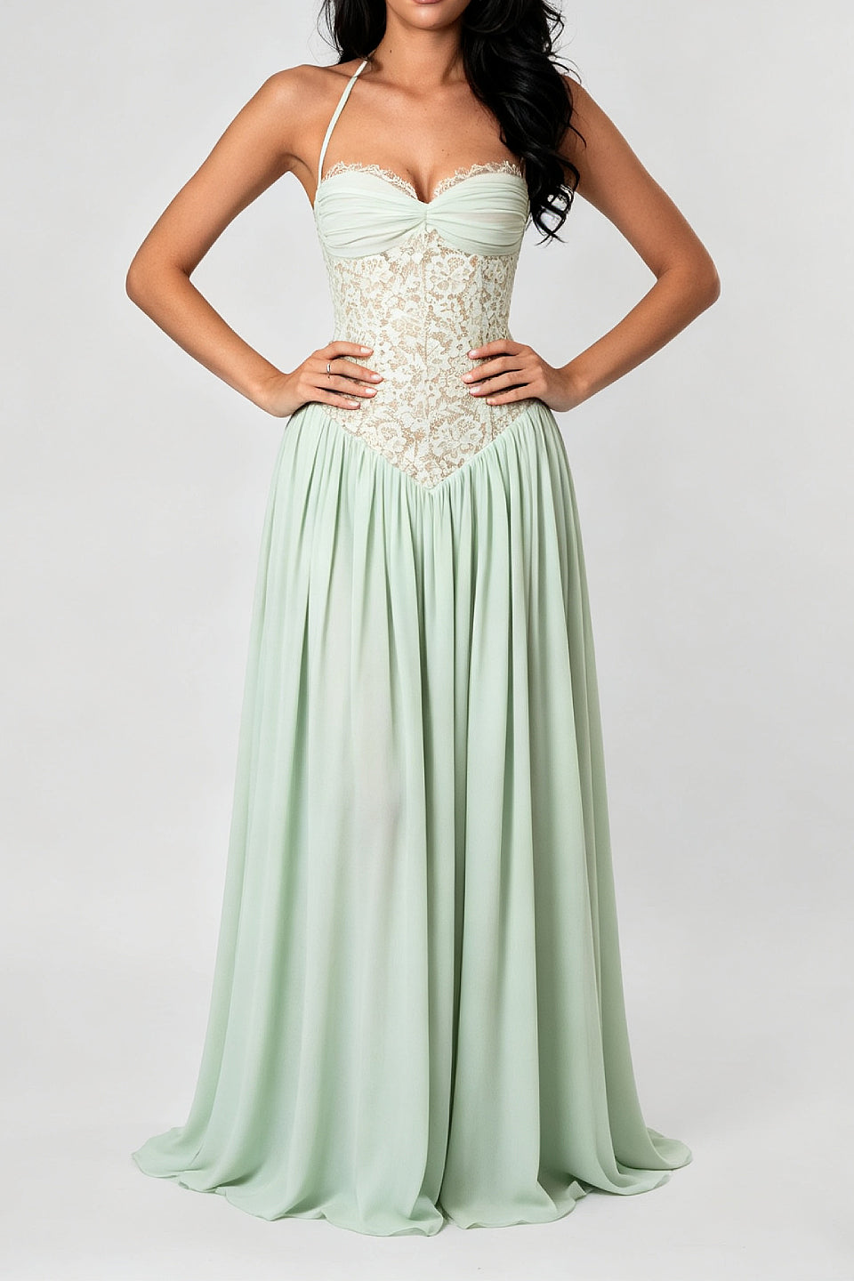 Sage Lace Corset Maxi Dress