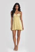 Lemon Foil Lace-Up Mini Dress