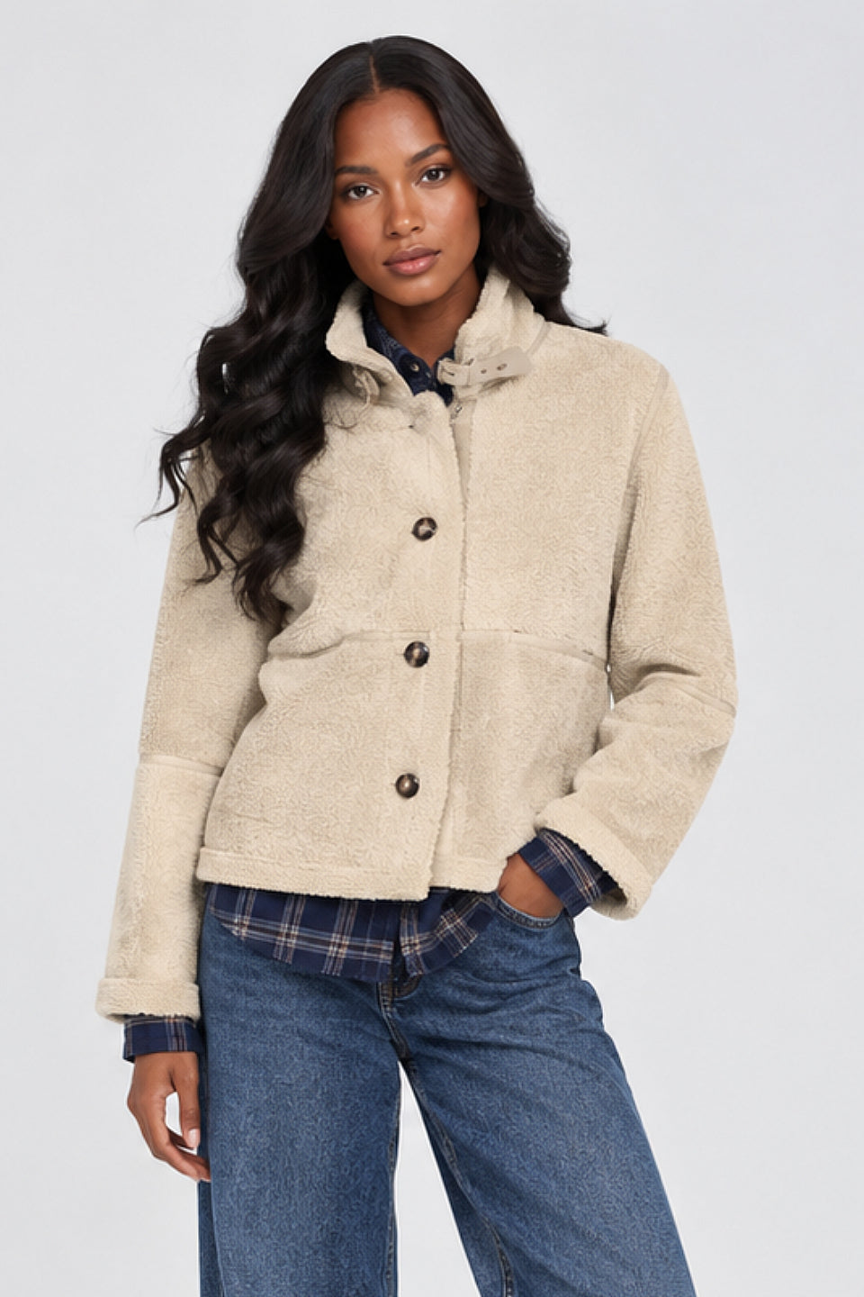 Beige Buckle Shearling Jacket