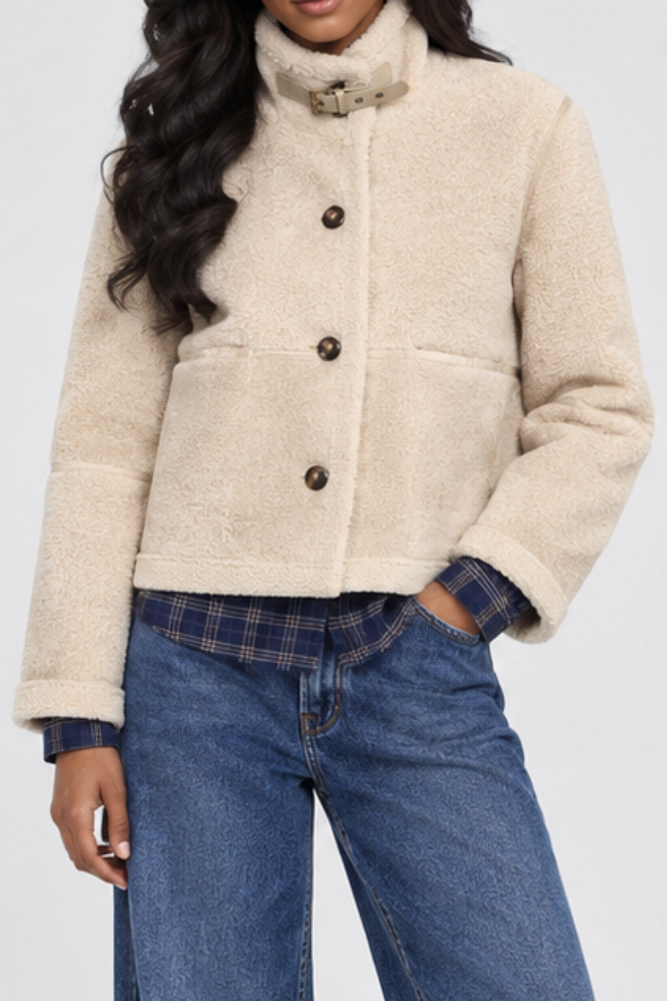 Beige Buckle Shearling Jacket
