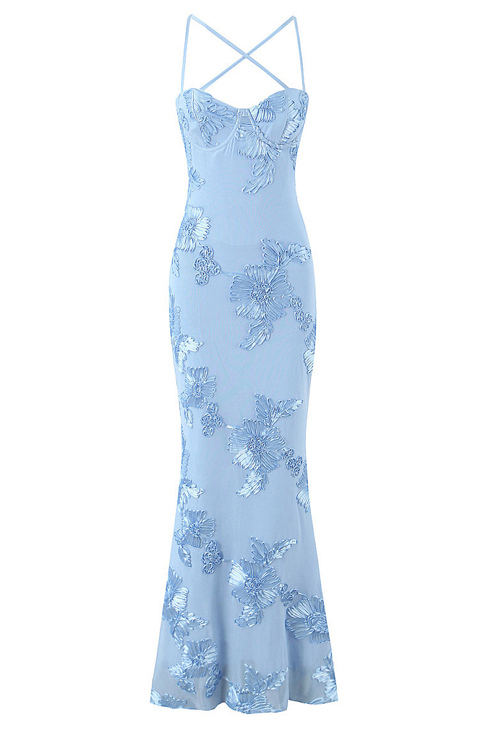 Front view of sky blue floral embroidered fishtail gown with slim straps and flared hem