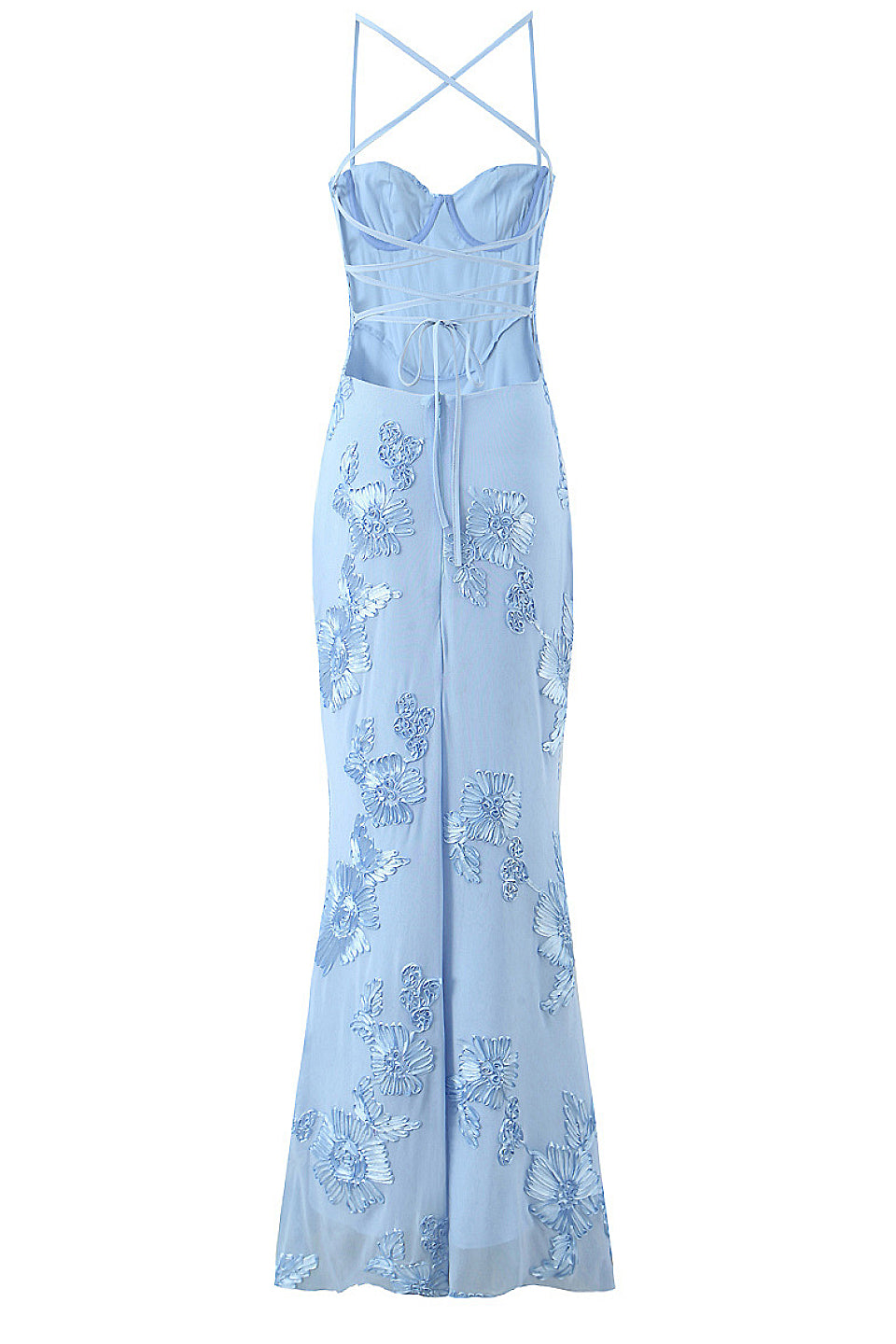 Back view of sky blue floral embroidered fishtail gown with cross-back straps and tie
